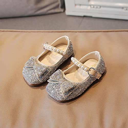 Fashion Autumn Girls Casual Shoes Rhinestone Sequin Bow Buckle Dress Shoes Dance Shoes Little (Silver, 18-24 Months)2