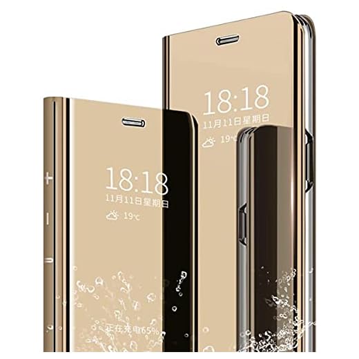 Hwsmyssy Skal Kompatibel Samsung Galaxy S20 FE 5G Spegel Fodral Stå Flip Telefonfodral Snygg Lyxig Smal Flip Bok Stil Spegel Stötsäker Och Reptålig Plätering Case Guld Härdat Glas Film2