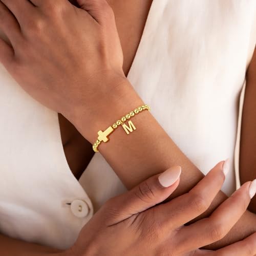 Gold Initial Bracelets for Women Girls - 18K Gold Plated Cross Initial Bracelet Dainty Beaded Bracelet Gold Bracelets for Women Teen Girl Gifts3