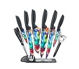 PurpleChef 10 Pieces Kitchen Knives Set. Includes 6 Stainless Steel Knives, Scissors, Knife Sharpener, Peeler, and Clear Acrylic Stand (Cosmos)