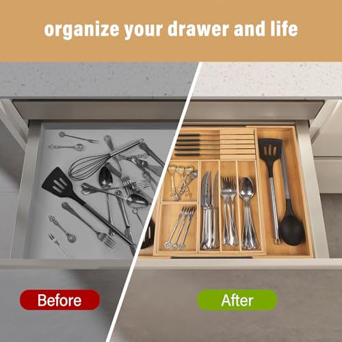 comfoyar Bamboo Cutlery Drawer Organiser for Kitchen, Expandable Wooden Utensil Drawer Organiser with Removable Dividers, 3-10 Adjustable Compartments Bamboo Cutlery Tray Organiser for Flatware Knives - Image 5