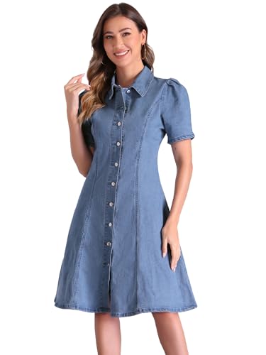 Image of Allegra K Denim Dress for Women's Puff Sleeve Button Down Collared Jean A-Line Dress