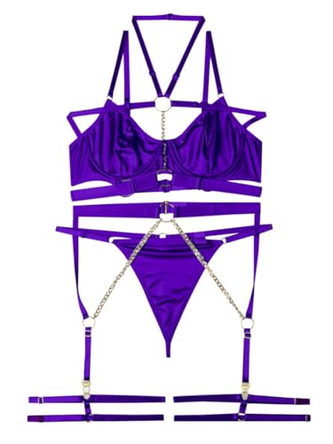 Image of Lilosy Sexy Pu Leather Strappy Underwire Garter Belt Lingerie Set