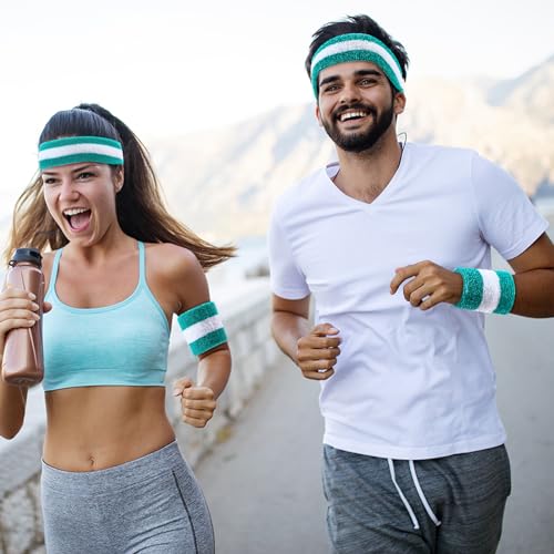 Image of Eurzom 36 Pcs Neon Sports Sweatbands Set Include 12 Striped Sweat Absorbing Headbands 24 Wristbands Athletic for Men Women Basketball Tennis Running Glow Party