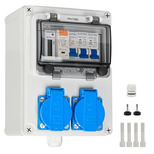 TEOV Baustromverteiler Wandverteiler mit 1P LCD-Stromzähler, Leitungsschutzschalter und Fehlerstromschutzschalter, IP44 Schuko-Steckdose 230V Wandverteiler Stromverteiler für Innen und Außen