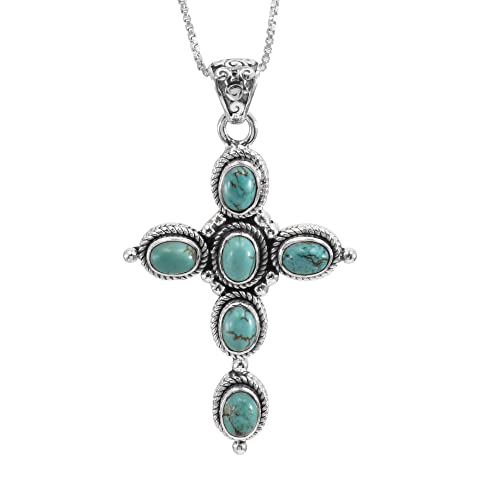 Earth Gems Jewelry Turquoise Cross Necklace for Women, 925 Sterling Silver Oval Gemstone Pendant Necklace Boho Vintage Statement Necklace Turquoise Southwest Necklace 18