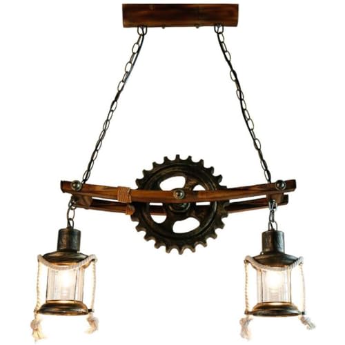 BUNCC Industrial Steampunk 2-Light Gear Chandelier, Rustic Wood Beam Pendant
