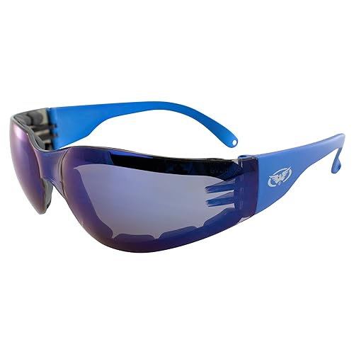 Global Vision Eyewear Rider Foam Padded Motorcycle Safety Sunglasses Metallic Blue Frame w/Blue Mirror Lenses