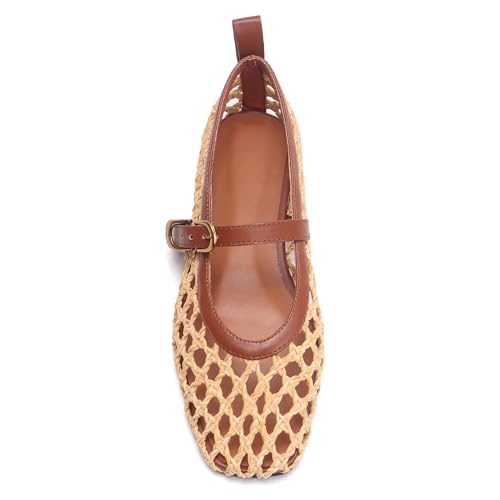 Raffia Woven Mesh Ballet Flats for Women Comfortable Metal Buckle Strap Mary Jane Ballet Flats Casual Closed Toe Ballerina Shoes.4