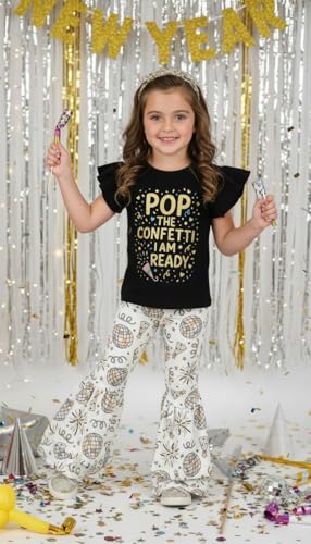 Image of Unique Baby 2 Piece Girls Double Bell Bottom Leggings Outfit with Short Sleeved Shirt Kid and Toddler Clothes Set