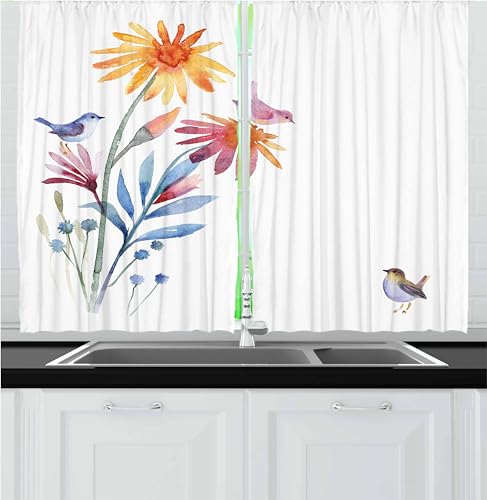 Ambesonne Watercolor Kitchen Curtains, Springtime Flowers with Birds Unusual Color Scheme Brush Effect, Window Drapes 2 Panel Set for Kitchen Cafe Decor, 55