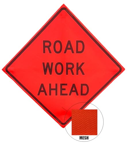 Image of OrangeGear 36 inchx36 inch Road Work Ahead Mesh Sign & Steel Spring Stand | MUTCD TTC compliant orange mesh roll-up sign kit with fiberglass cross ribs and single-spring steel stand.