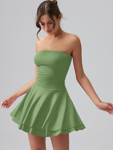 Image of OQQ Womens Strapless Mini Dress Tube Top Corset Dress Ruched Waist Flowy A Line Cocktail Party Dress Going Out Club Night Out