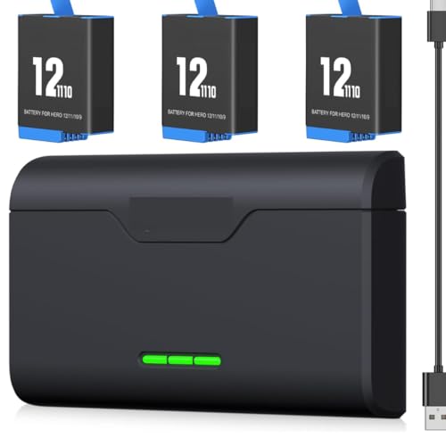 Paquete de 3 baterías de repuesto de 2250 mAh para GoPro Hero 12/11/10/9, incluyendo un cargador rápido tipo C/USB de 3 canales, compatible con cámaras GoPro Hero 8/9/10.