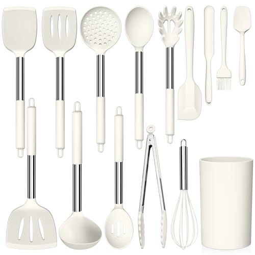 LIANYU 15 Pcs Cooking Kitchen Utensils Set with Holder, Silicone Kitchen Gadgets with Stainless Steel Handle, Heat Resistant Spatula Tools, Brush Spoon Tong Whisk Ladle Turner for Cookware, White