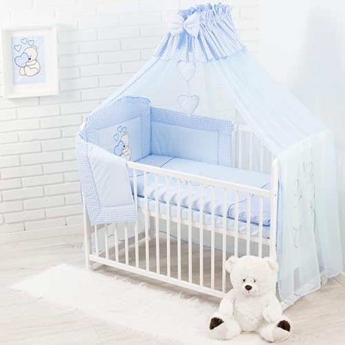 Generisch Juego completo de ropa de cama de bebé de 10 piezas, 100 % algodón, diseño de oso de peluche bordado con corazón azul (60 x 120 cm)
