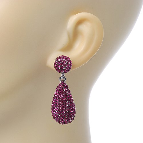 Bridal, Prom, Wedding Pave Fuchsia Austrian Crystal Teardrop Earrings In Rhodium Plating - 48mm Length3