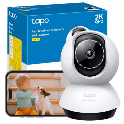Tapo C220 - Cámara de Vigilancia WiFi Interior 360º, 2K QHD, Detección IA | Detección Movimiento, Personas, Mascotas, Llanto de Bebé y más. Visión Nocturna. Alarma Luz y Sonido. Admite MicroSD.