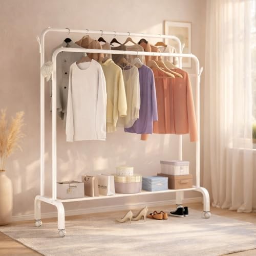 Image of Mevigo Heavy Duty Metal Clothing Rack with Storage Shelf | Freestanding Garment Organizer for Clothes, Shoes & Bags | Modern Wardrobe Rack for Bedroom, Entryway & Laundry Room (Matt White, 2- Rail)