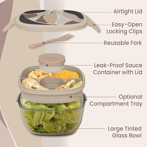Image of Bentgo Glass Prints Salad Container - 7.6-Cup Tinted Glass Salad Bowl with Airtight Lid, Leak-Proof Sauce Container, 4-Compartment Bento Meal Prep Tray & Reusable Fork (Inky Abstract - Neutrals)