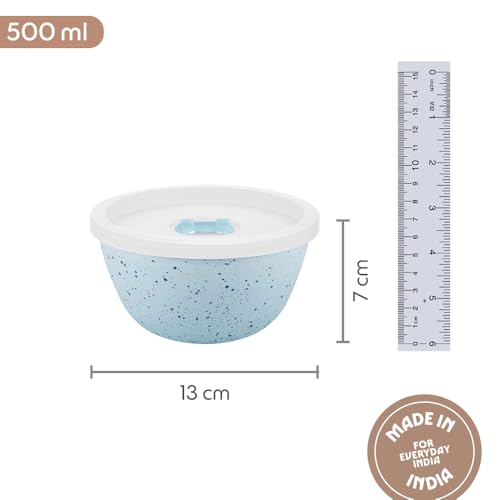 Image of Borosil 500ml Serving & Mixing Bowl with Lid | Made in India Borosilicate Glass Bowl for Kitchen & Dinning | Bowl for Mixing Dough, Salad, Batter | Microwave & Dishwasher Safe (Blue)