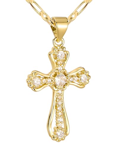 14K Gold Plated Cross Necklace for Women, Cubic Zirconia Copper Cross Pendant, Valentine Mother's Day Gifts for Her with Jewelry Box Figaro Link Chain, Alloy Infinity CZ Diamond Bridal Wedding