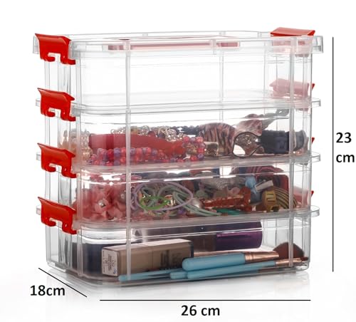 Image of plastic boxes for Storage transparent boxes for storage, Portable & Stackable Space Saving Organiser with Lid for Medicine, Jewelry, Arts & Crafts, Buttons, Beads (Red, 4 TIER)