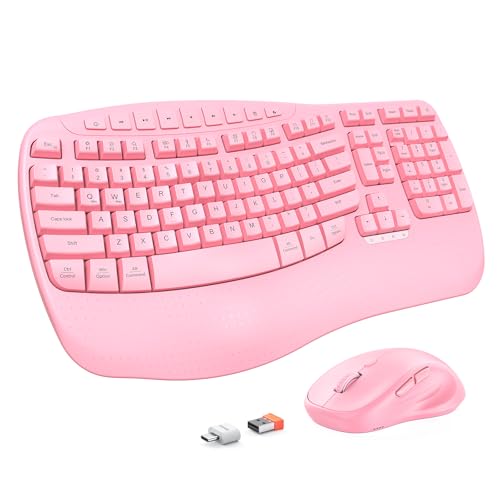 MEETION Ergonomic Keyboard and Mouse Wireless Wave Keys Natural Typing 2.4G Wireless Keyboard with Wrist Rest 4 Adjustable DPIs Mouse Computer/Laptop/Windows/Mac Pink