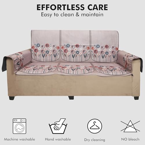 Image of Velvet 3 Seater Sofa Cover with 6 Seat and Back Covers, 2 Hand Rest Covers - Floral Daisy Print - Washable Fabric - Stylish Sofa Cover for Modern Living Room (Brown, 3 Seater With Arm Covers)