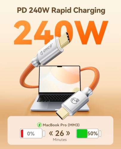 Image of ORICO Auso 40Gbps USB-C Cable 3.3FT with PD 240W Fast Charging, 8K60Hz Video,Thunderbolt4 /3 USB4 Compatible Data Cable,for iPhone 17 /16 /15 MacBook Docking -Orange