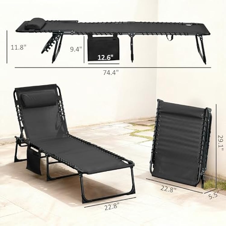 Outsunny Folding Chaise Lounge Chair Outdoor, Sun Tanning Chair with Side Pocket, Carrying Strap, Portable Patio Beach Lounger with 5-Position Reclining Back, Headrest for Pool, Camping, Yard, Black