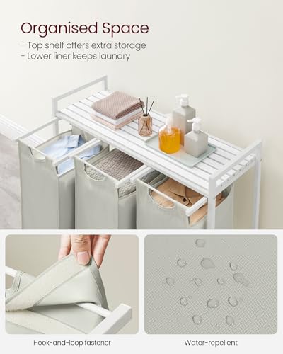 Image of VASAGLE Laundry Hamper, Laundry Basket, Laundry Sorter with 3 Pull-Out and Removable Bags, Shelf, Metal Frame, 3 x 10.6 Gallons (40 L), 36.4 x 13 x 28.4 Inches, Cream White and Cloud White UBLH301W01
