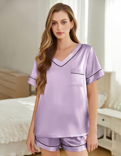 Image of Silk Pajamas for Women Short Sleeve Satin 2 Piece Pj Set Soft V Neck Sleepwear Loungewear, S-XXL