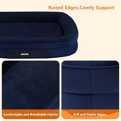 HMTOPE Orthopädisches Hundebett, Hundesofa, Vierseitiges Nackenrolle Kissen, rutschfeste Unterseite Hundekorb, Abnehmbar und Waschbar, Mittelgroße Hunde, Grosse Hunde, 106 x 79 x 17 cm, Navyblau