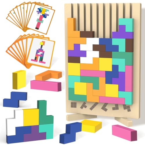 Wooden Block Puzzle Montessori Toys Colorful Stacking Game Brain Teaser Puzzles for Toddlers and Kids with 20 Cards Educational Wooden Toy Gifts for 3 4 5 6 7 8 Year Old Boys and Girls
