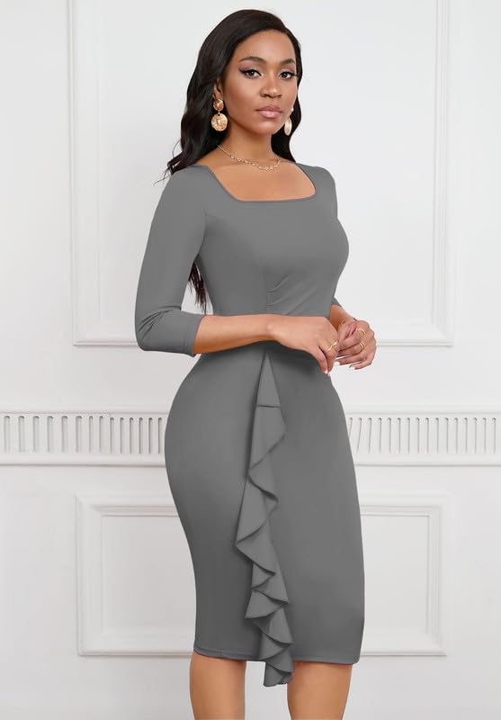 Womens Work Dresses Elegant Square Neck 3/4 Sleeve High Waist Bodycon Ruffle Vintage Church Pencil Midi Dress2