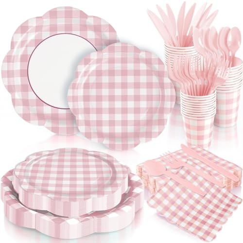 168Pcs Pink Gingham Scalloped Checkered Paper Plates and Napkins Sets Disposable Party Supplies with Cups & Cutlery Serves 24 Guests for Birthday Wedding Bridal & Baby Shower Picnic