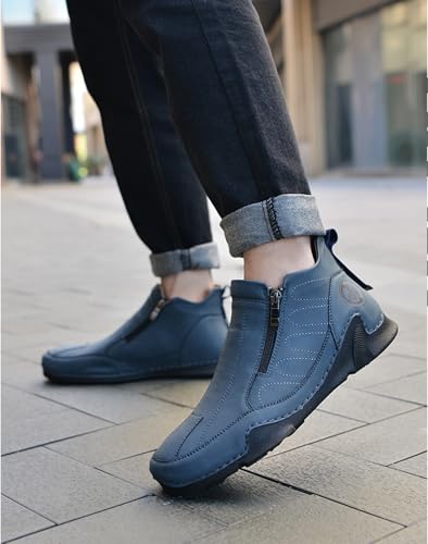 Image of Men's Leather Comfortable Slip on Chukka Ankle Boots Outdoor Lightweight Non-slip Side Zipper Flat Driving Shoes for Walking Hiking