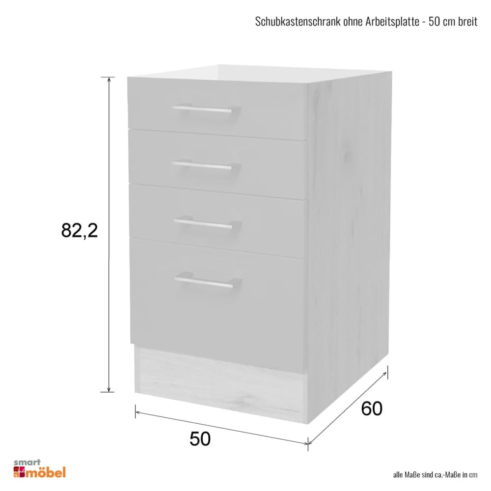 Küchenunterschrank 50 cm Buche – Schubkastenschrank ohne Arbeitsplatte – 3 Schubkästen & 1 Auszug – Küchen Schrank Buche Dekor – Unterschrank für Küche – Namu