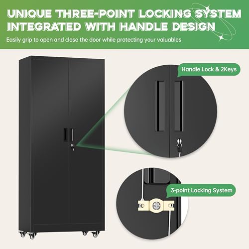 Image of INTERGREAT 73 inch H Metal Storage Cabinet with Wheels, Locking Doors and Adjustable Shelves, Black Rolling Steel Tool Cabinet for Home Office, Garage, Warehouse