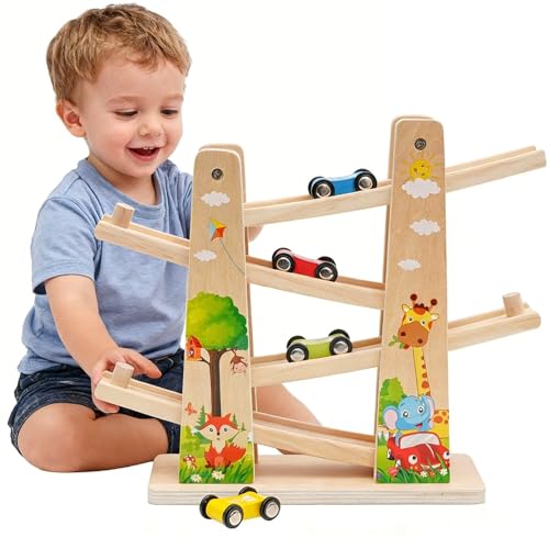 Juguete Rampa Coches Madera Pura con 4 Coches |Juguetes para Autos niños |corredera para Autos |Pista Coche Madera Regalo de Juguete Educativo para 1 2 3 4 años