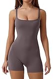 QINSEN Women Yoga Workout One Piece Short Jumpsuit Square Neck Sleeveless Sport Yoga Romper Charcoal Grey S