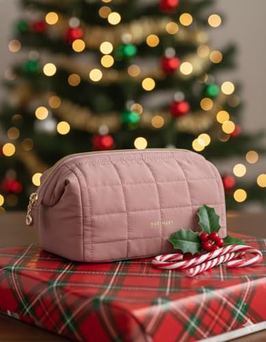 Image of BAGSMART Makeup Bag Travel Toiletry Bag, Puffy Padded Make Up Bags for Women Makeup Organizer Case, Wide-open Pouch Purse Travel Essentials Toiletries Accessories Brushes, Dark Pink