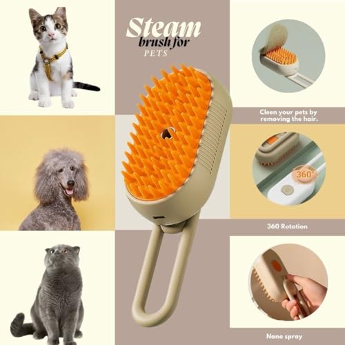 Image of 3-in-1 Steam Pet Brush for Cats & Dogs - Self-Cleaning Grooming Comb with Spray Mist, Massage & Shedding, Rechargeable USB, Anti-Static, Foldable Handle - Kakhi
