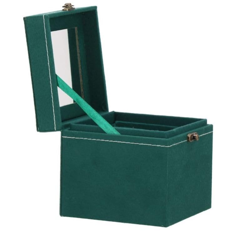 Image of Velvet Three Layer New Vintage Flannel Jewelry Box Earrings Earrings Rings Necklace Bracelets Jewelry Organiser Storage Case With Drawer For Girls Women Dark Green (AB-01)