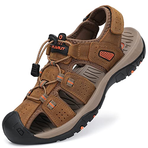 Flarut Sandalias Deportivas Hombres Verano Exterior Senderismo Zapatos Trekking Casual Zapatos de Montaña Cuero Sandalias de Playa(Marrón claro,46)