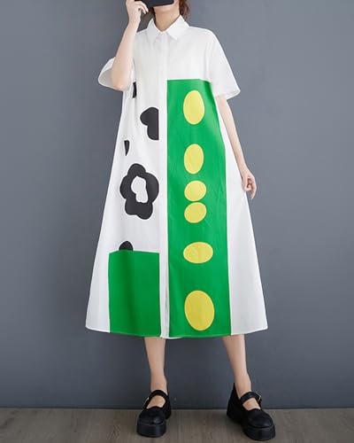 Image of ellazhu Women's Dress Loose Color Block Short Sleeve Button Down Mock Neck Shirt Dots Flower GZ211