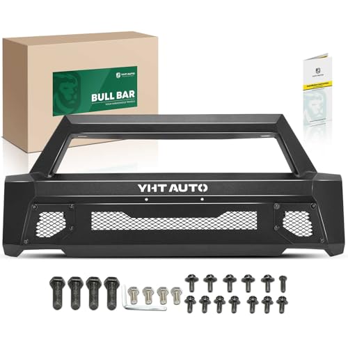 Image of YHTAUTO Bull Bar Push Bar with Skid Plate Light Mount Fit Ford F-150 2018-2020, Carbon Steel Brush Guard for Truck Front Bumper Textured Black Off Road Accessories