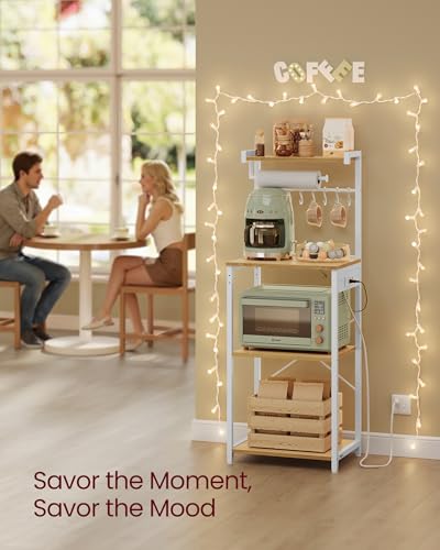 Image of VASAGLE BARNET Collection - Kitchen Bakers Rack with Power Outlet, 17.7-Inch Wide Coffee Bar 4-Tier with 8 S Hooks, Modern Microwave Stand, Adjustable Shelf, Golden Oak and Cloud White UKKS013YA01