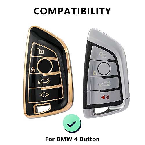 Image of Keyzone TPU car Key Cover Compatible for BMW X1, X3, X6, X5, 5 Series, 6 Series, 7 Series 4 Button Smart Key (Type2) (Gold Black with Gold Black Keychain)